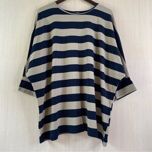 Tickled Teal Oversized Drop Shoulder Three Quarter Bold Stripe Pullover XL